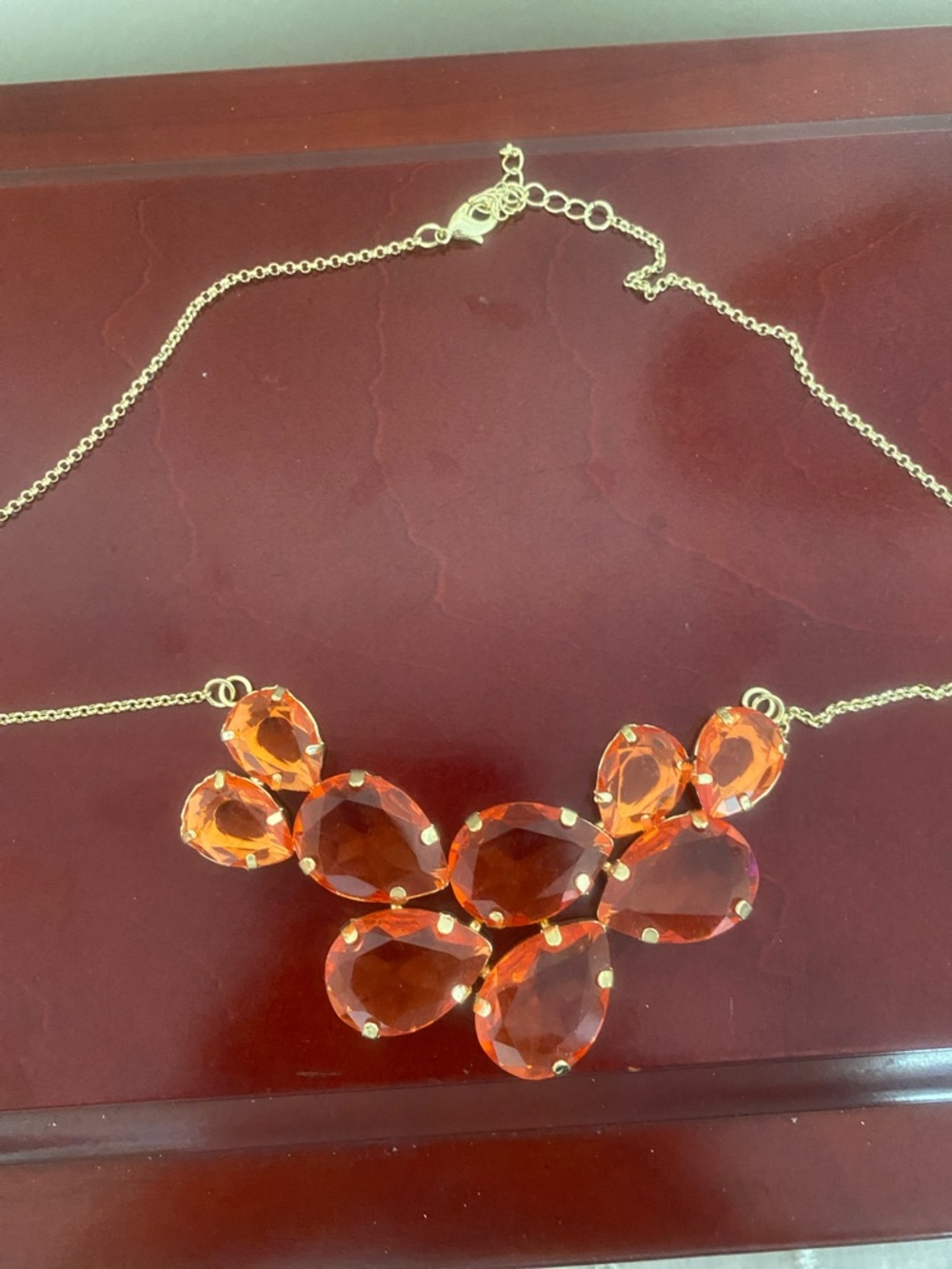 Gold Chain Necklace with Orange Teardrop Gemstones